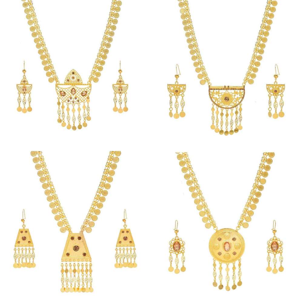Arab Ethnic Golden Coins Crystal Geometric Moon Pendant Necklace Earrings For Women Vintage Afghan Kurdish Statement Jewelry Set