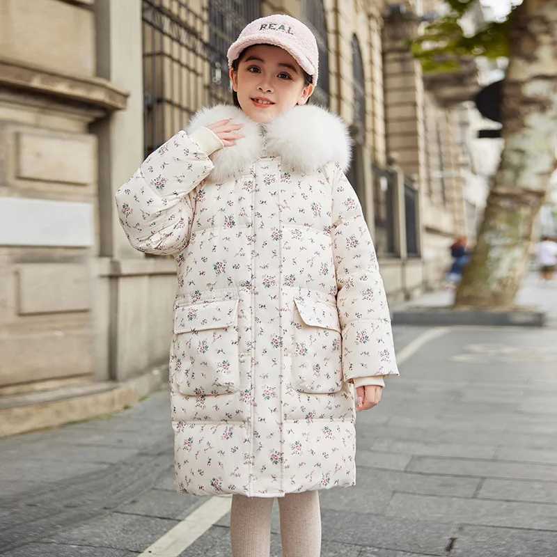 RAISE Winter Down Jacket For Children Girl Floral Print Teen Girl Outerwear Coat Faux Fur Hooded Kids Girl Parka 512Y Outerwear Y251023