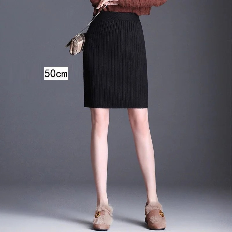 Autumn Winter Elegant High Waist Women Pencil Bodycon Skirt Solid Color Lady Office Knitted Skirt Female Pleated Skirts 251020