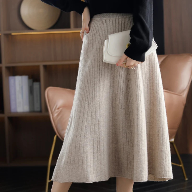 Autumn HighWaist 100Pure Wool Pleated Long Skirt Womens Knit Base Skirt Fashion Pack Hip ALine Cashmere Large Skirt 251020