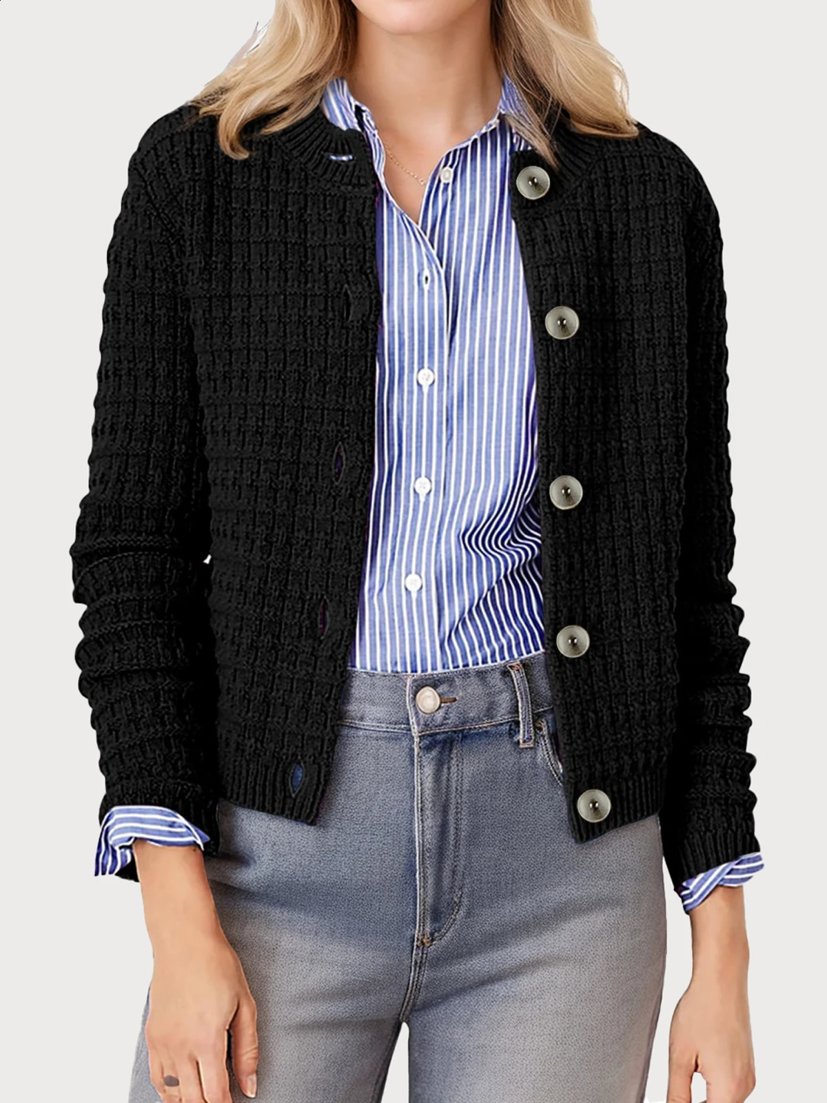 Womens Temperament Round Neck Knitted Top Retro Casual SingleBreasted LongSleeved Cardigan Sweater Jacket 251023