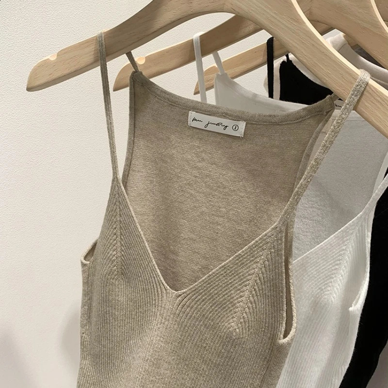 2025 Women Summer Style Sleeveless Vest Solid Color Slim Fit V Neck Knitted Top Fashionable Versatile Base Layer Knit Tank Tops 251023