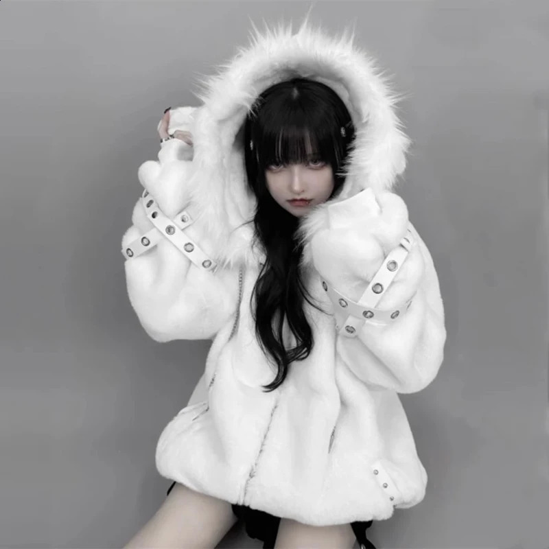 Mauroicardi Autumn Winter Oversized Warm Soft White Faux Fur Coat Women with Hood Harajuku Fashion Fluffy Jacket Streetwear 251022