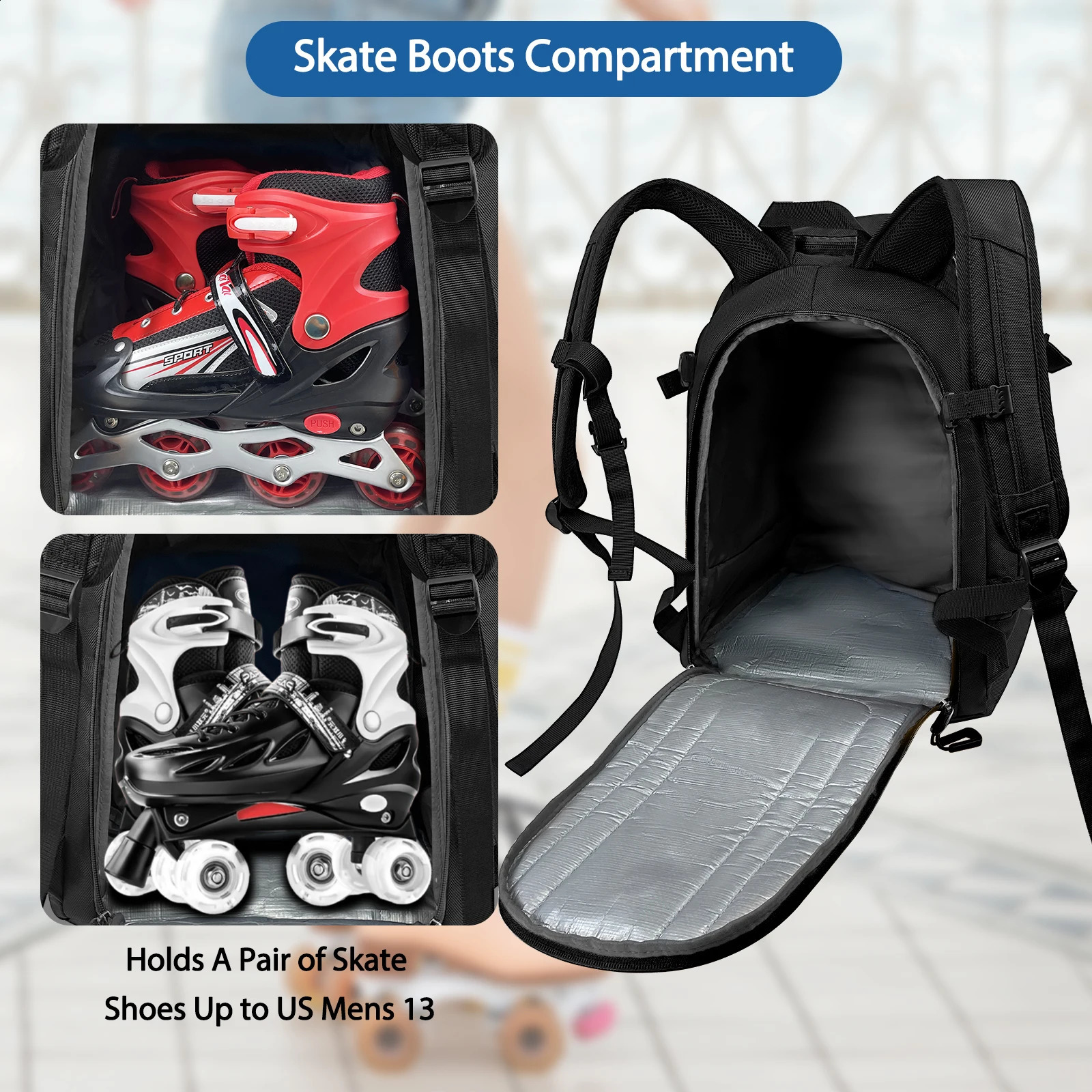 WOLT Roller Skate Bag for Women Men Ice Skate Bag Backpack with Top Helmet Pocket for Roller Blade Fits Shoes Up To Us Mens 13 251021