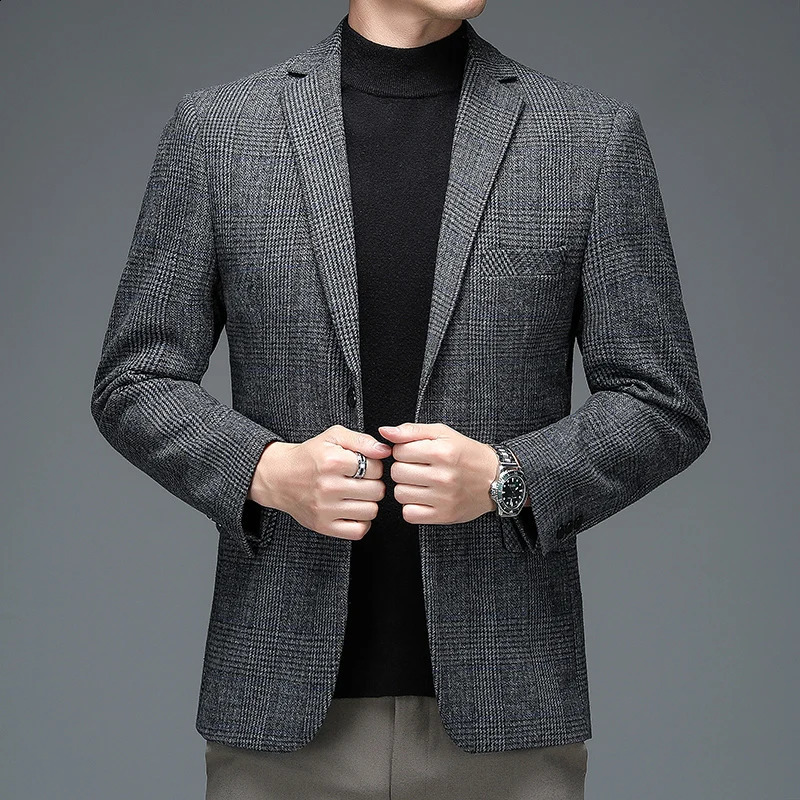 Autumn Winter Men Plaid Wool Blazer Smart Casual Gray Camel Navy Blue Checked Pattern Woolen Blend Jacket Suit Elegant Outfits 251023
