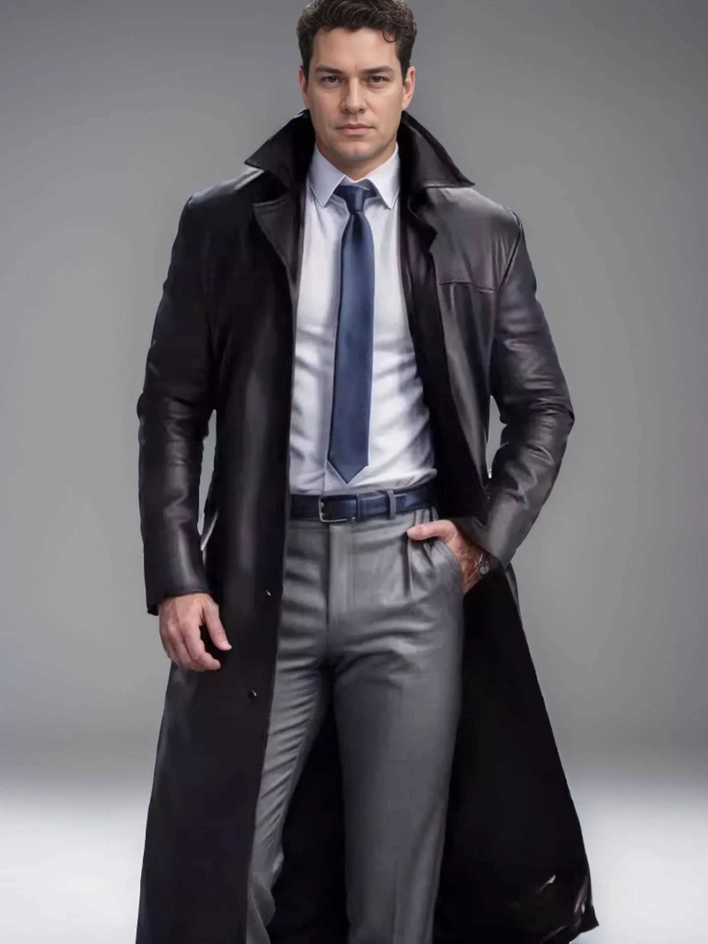Fashion New Mens PU Leather Trench Coat Long Jacket Spring Fall Winter Detective Cosplay Costume Gothic Moto Biker Punk Outwear W251023