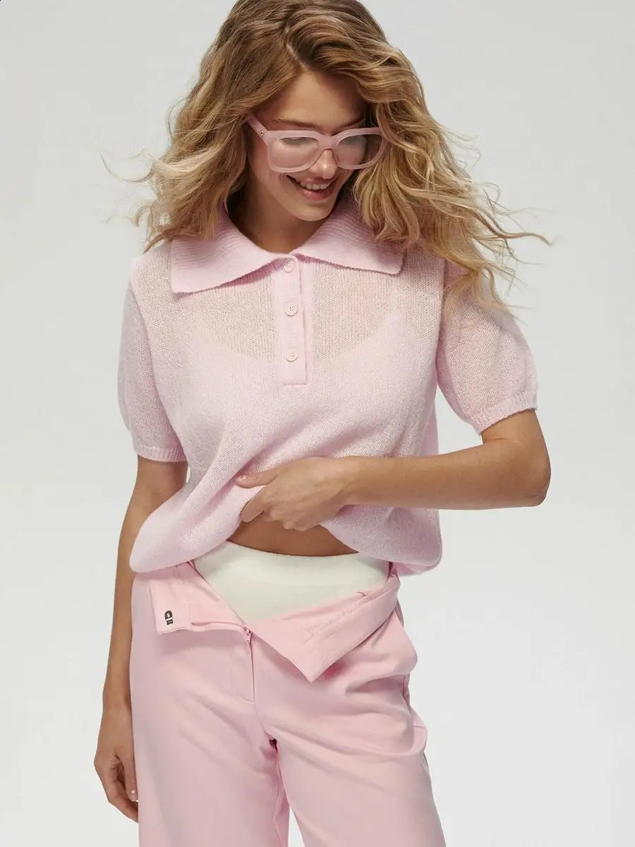 Wolfeel Summer Polo Collar Hollow Knitted Short Sleeved Sweater Womens Bubble Sleeve Tshirt Female Simple Knitted Sweater 251023