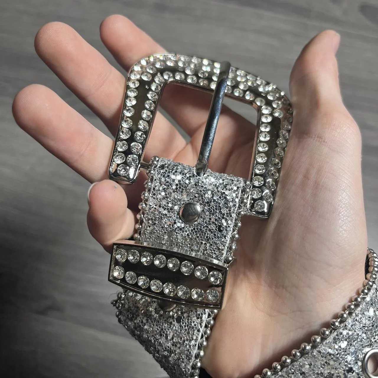 Unisex Silver bling Silver belt Rhinestones Studded Metal Pin Buckle PU Leather Belt Jeans Waistband for Men and WomenXJ251023