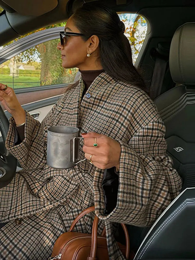Elegant Plaid Stand Collar Long Coat Women Retro Casual Single Breasted Belt Tweed Coats Female 2025 Winter Chic Street Overcoat 251013