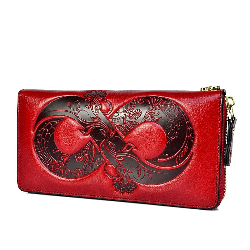 Vintage Genuine Leather Woman Wallet 2025 Floral Real Cow Leather Purse Ladies First Layer Cowhide Clutch Bag251023
