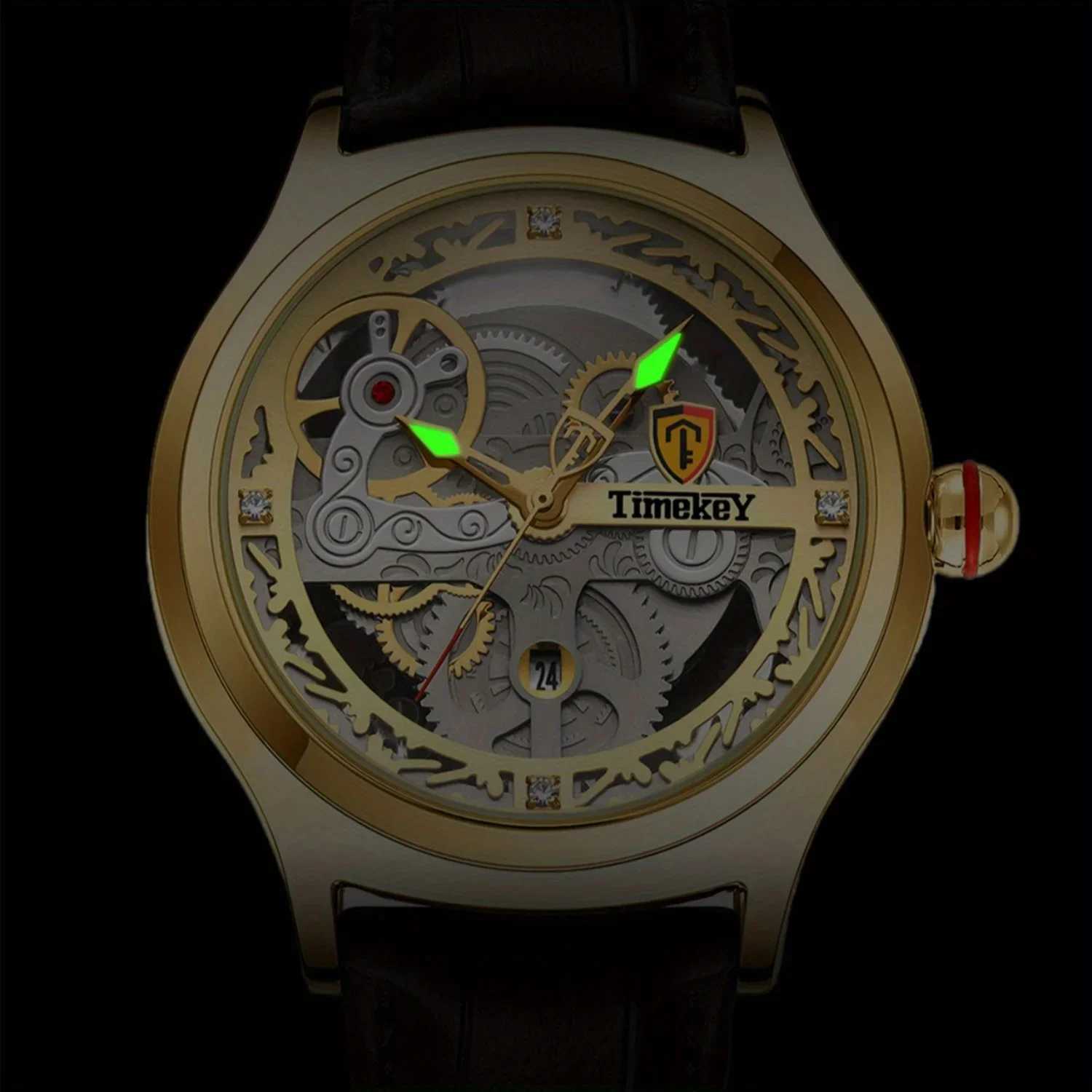 TimeKeyFashion Classic Mechanical Style Stainless Steel Buckle Skeleton Dial Screw Crown Luminous Mens Quartz WatchL251023