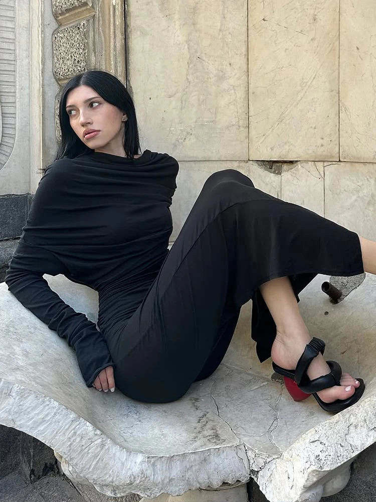 Sisterlinda Casual Hooded Long Dresses Woman Autumn Trend Swing Collar Full Sleeve Skinny High Stretch Solid Elegant Vestidos 251022