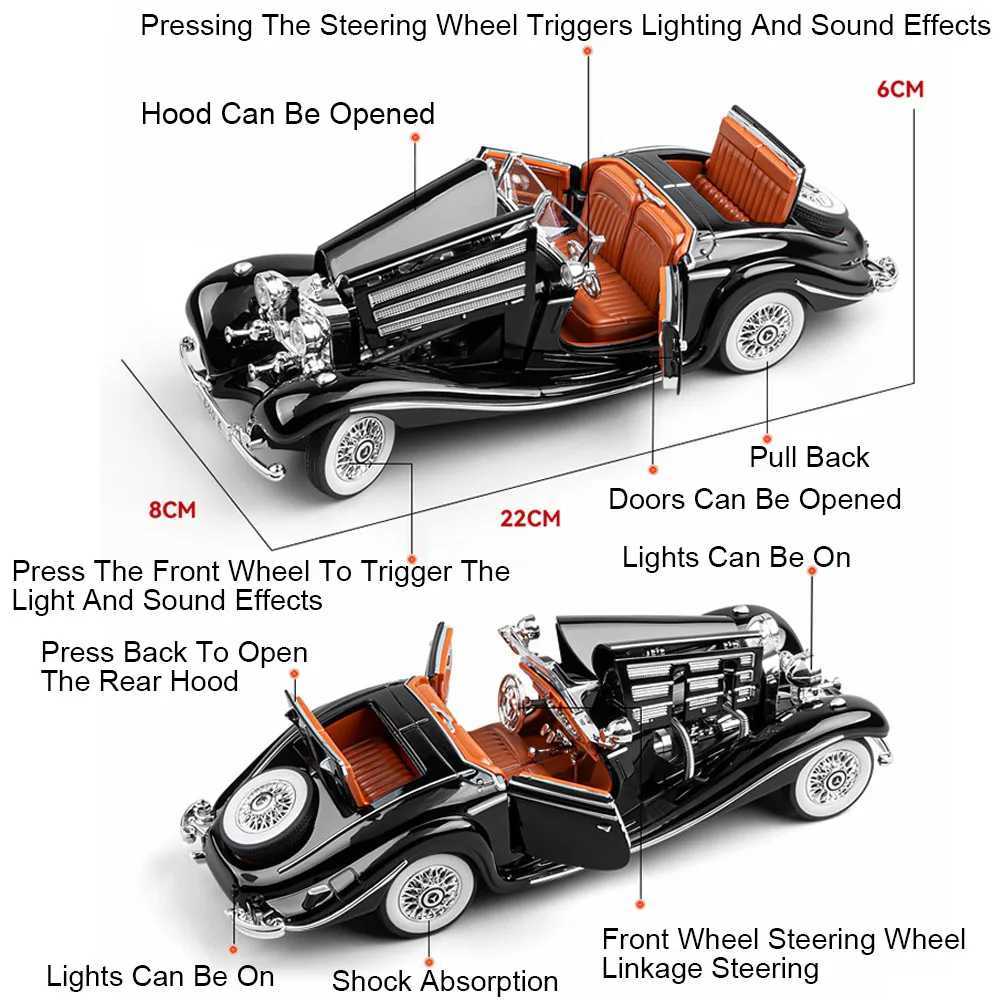 124 PHANTOM 500K Vintage Car Model Toys Alloy Diecast Sound Light Doors Opened Pull Back Shock Absorption for Children GiftsT251023