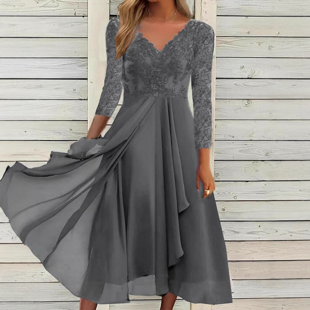 European and American autumn and winter new long sleeved chiffon dress patch V-neck lace hollow bridesmaid evening dress designer evening dress