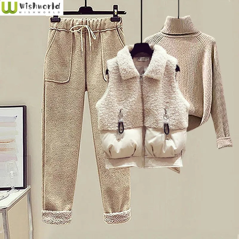 Autumn and Winter Womens Suit Lamb Wool Vest Thickened Cashmere Sweater High Waist Casual Woolen Trousers Three Piece Set 251022