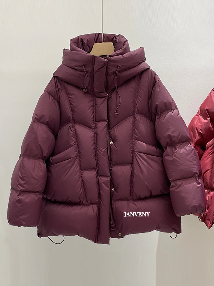 Janveny Winter Thickened Puffer Down Jacket Women Warm Hooded Medium Length Loose Solid Color 90 White Duck Coat 251022