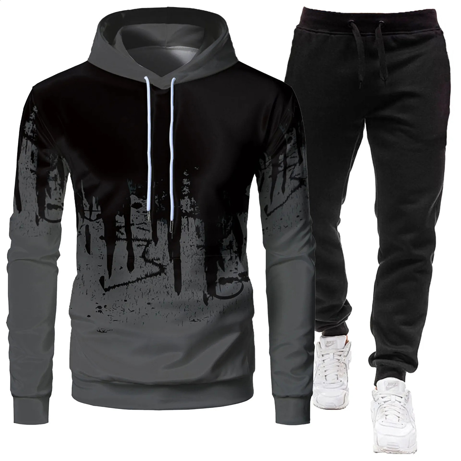 Autumn and winter mens hoodie long pants twopiece set zipper hooded jacket graffiti printed sports trend fashion casual 251023