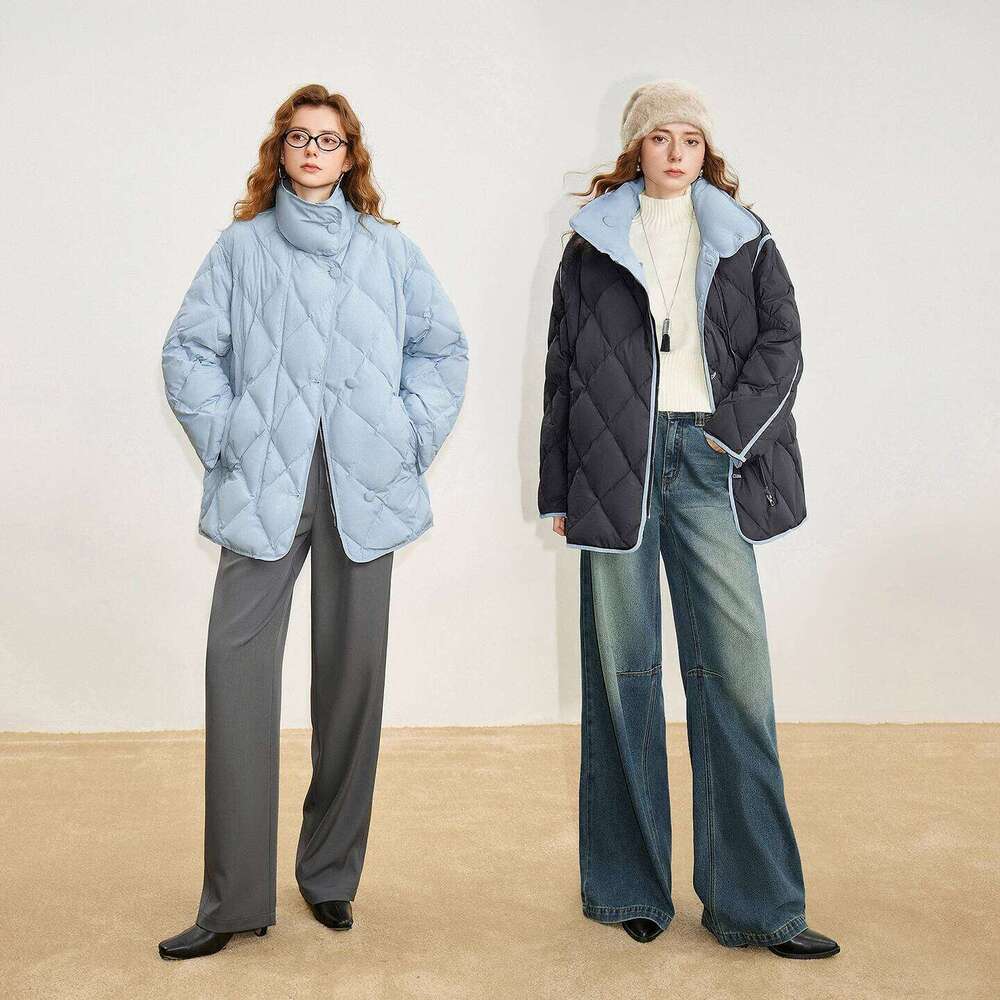 Women 90% White Duck Down 2025 Winter New Dia Grid Double Side Contrasting Color Splicing Jacket Coats Designer Women