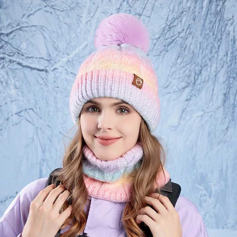Winter Lady Warm Hat Scarf Twopiece Set Fece Thicke Gradual Change Color Knitted Skiing Hat Fashion Plover Hat for WenW251023