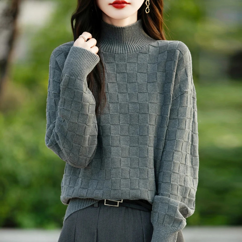 Autumn and Winter Womens 100 Cotton Sweater Half High Collar Pullover Shirt Square Pattern Loose Fashion Knitted Top 251016