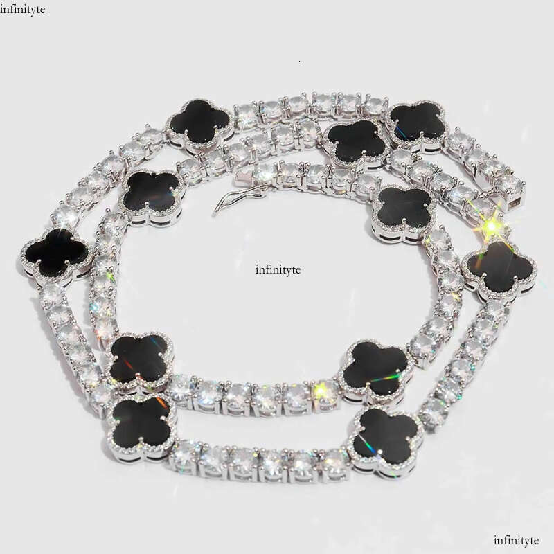 VVS Tennis Chain with Black Agate Clover Leafs Iced Out Moissanite Necklace Officiant Anniversary Gift 111