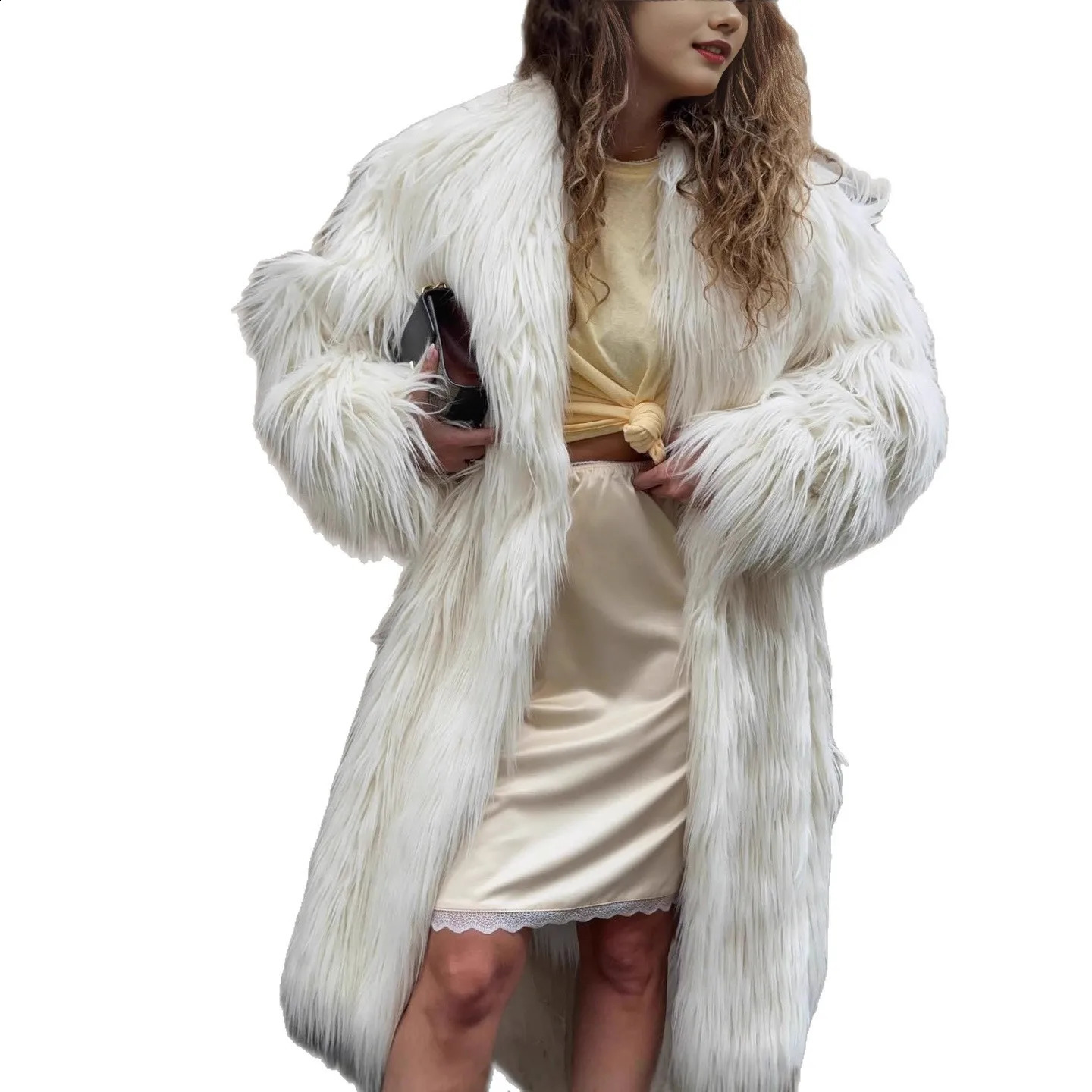 White Long Hair Faux Fur Lapel Coat Women Eco Friendly Artificial Plush Length Jacket 251022