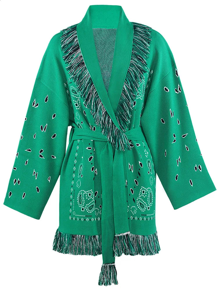 Fashion Print Tassel Womens Cardigan Lace Up Knit Long Sleeve Vneck Thick Sweater Autumn Lady Vintage Allmatch Knitwear 251022
