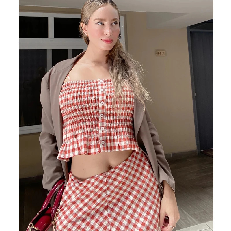 MUJER 2025 Plaid Long Skirt Sets for Women 2 Pieces Ruched Crop Top Woman Summer High Waist Midi Holiday Outfits 251016