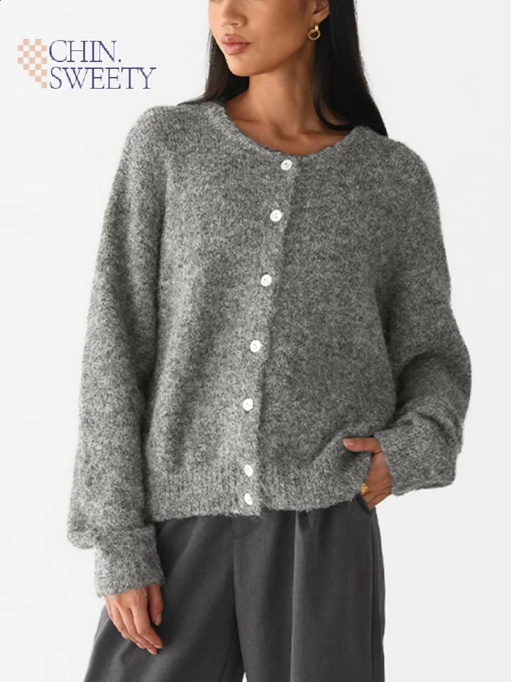 Womens Loose Solid Sweater Coat O Neck Cardigan Office Commute Knitwear Single Breasted Long Sleeve Streetwear Tops Autumn 251022