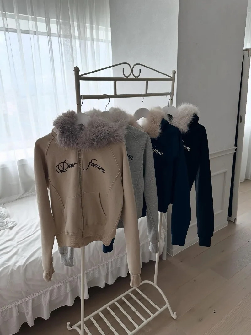 chic Harajuku Y2K Fur Collar Zipper Hoodie Women Gothic Punk Streetwear Trendy Retro Letter Embroidery casual Warm Sweatshirt 251022