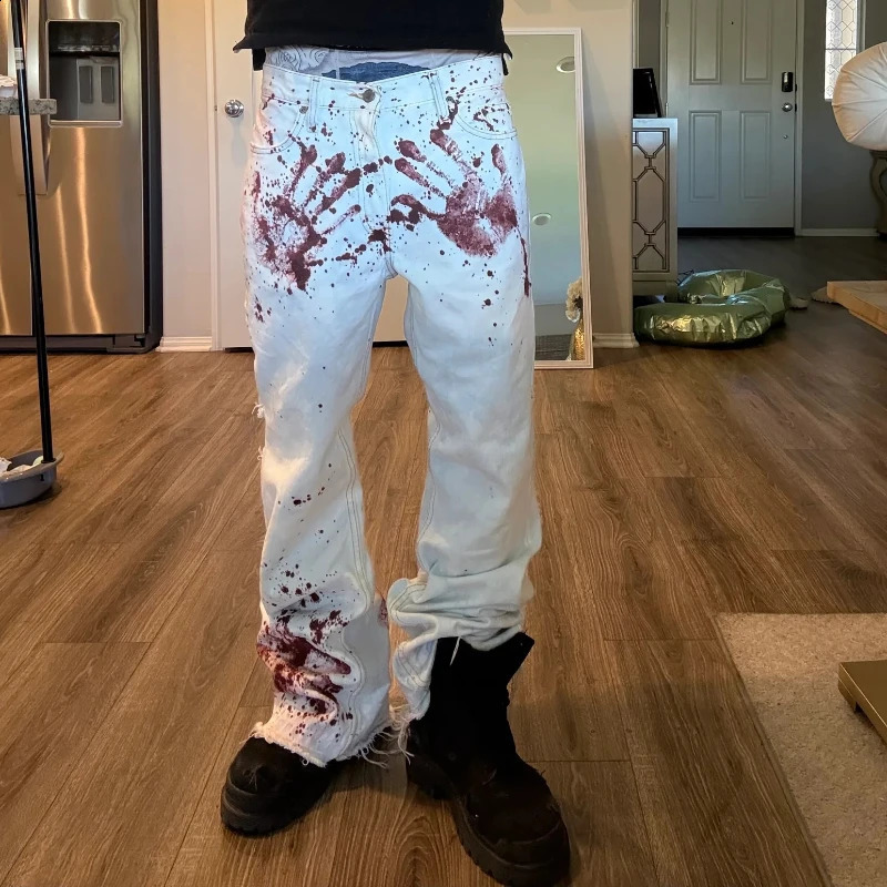 Y2K Harajuku White Men Baggy Jeans Retro Horror Blood Handprint Printed Fashionable High Street Hip Hop Unisex Wide Leg Pants 251018