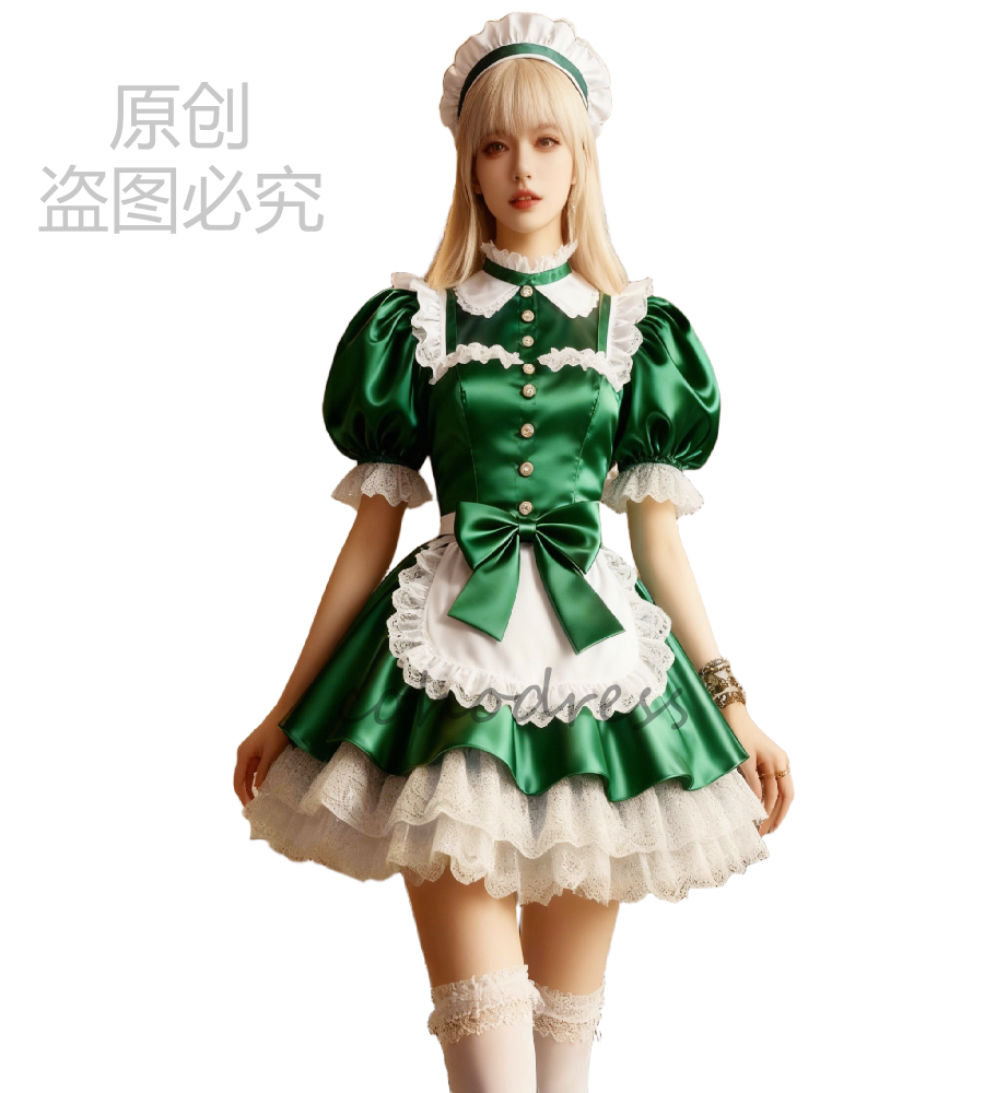 Fairytale Green Maid Dress With White Apron Puff Sleeve Korean Short Evening Dress 2026 Sexy Cosplay Silky Satin Prom Dress Costume Cocktail Dress Fro