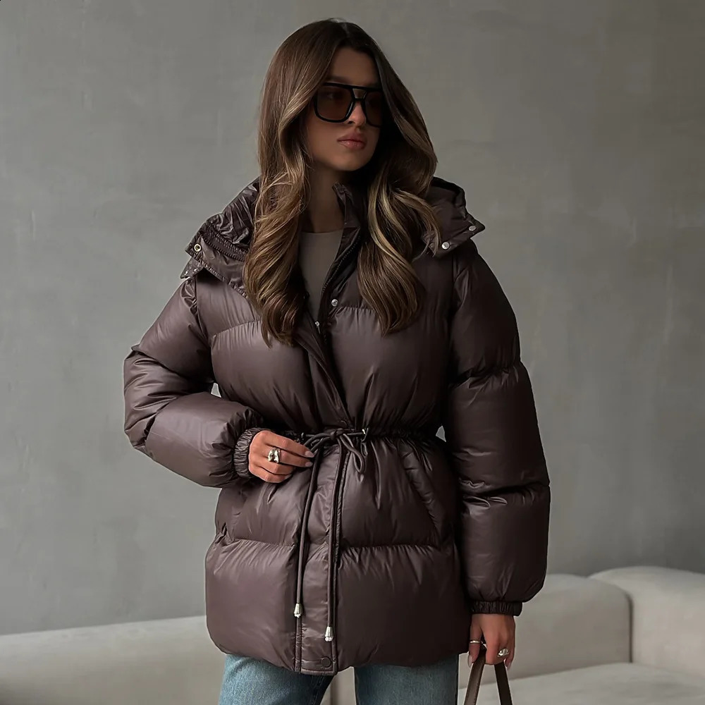 Womens Hooded Down Jacket Drawstring Waist Warm Parker Coat Solid Pocket Zipper Outwear Winter Thicken Long Sleeves Coats 251021