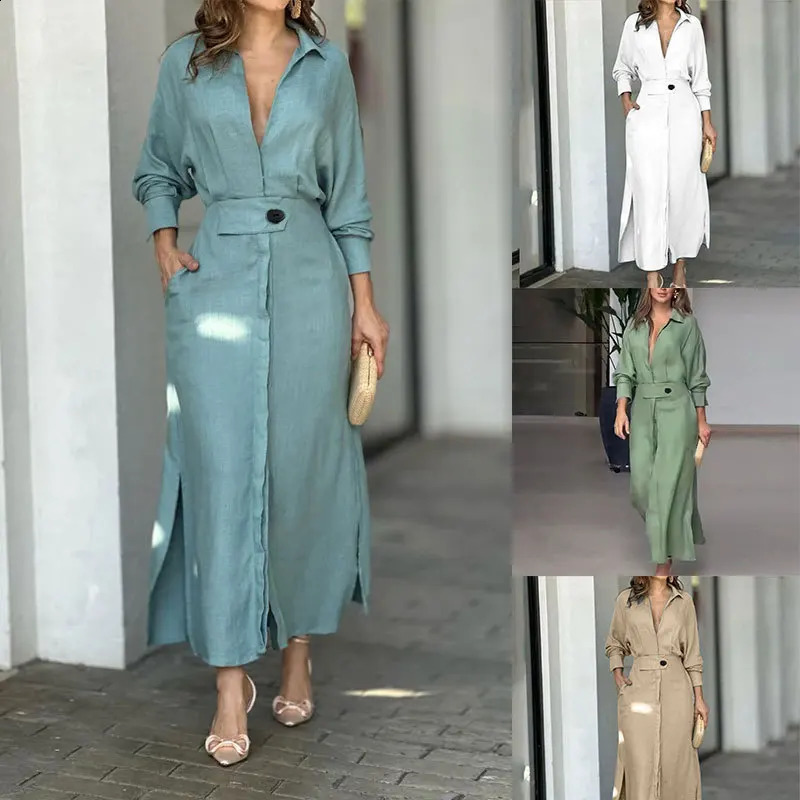 Spring Summer Women Dress Plus Size White Casual V Neck Lapel Long Sleeve Shirt Maxi Dresses Female Pocket Party Robe 251022