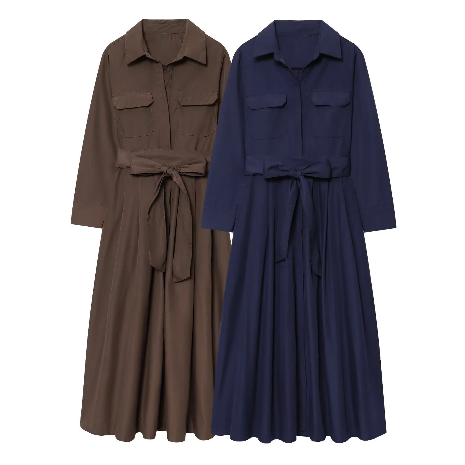 autumn womens clothing casual fashion temperament simple lapel long sleeved shirt style medium length dress 251022