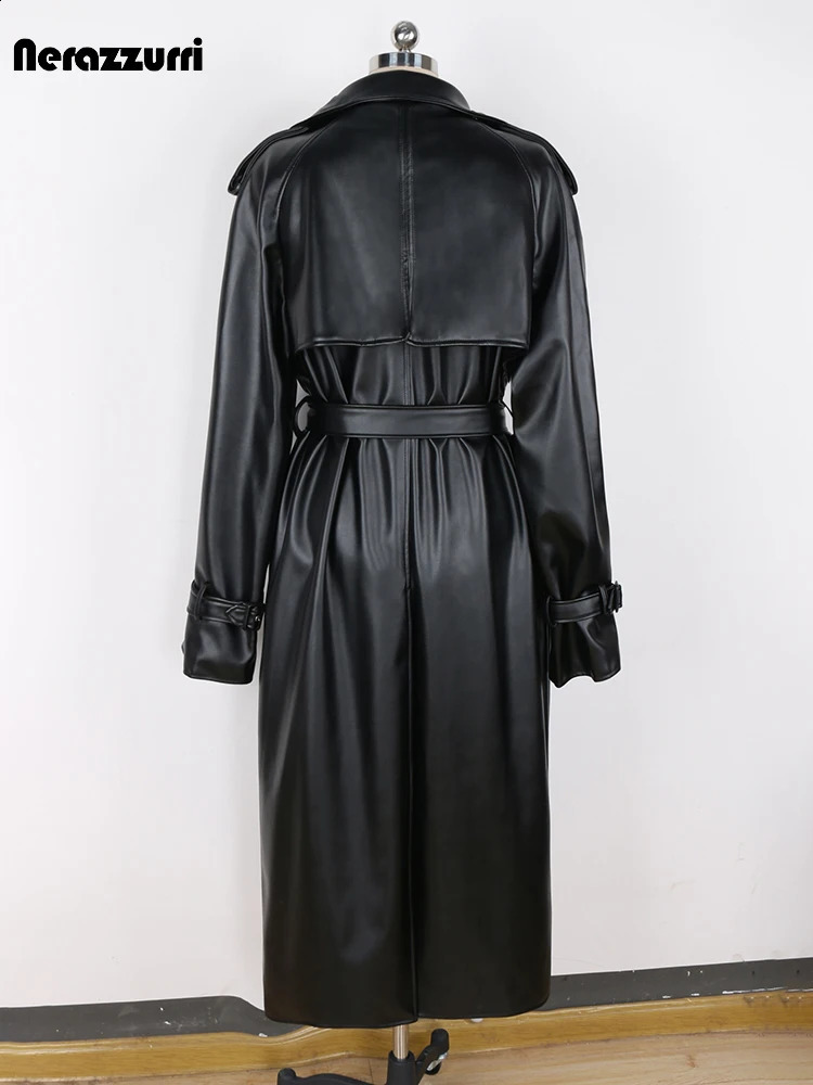 nerazzurri Spring Autumn Long Oversized Windproof Waterproof Black Pu Leather Trench Coat Men Belt Double Breasted Overcoat 251023