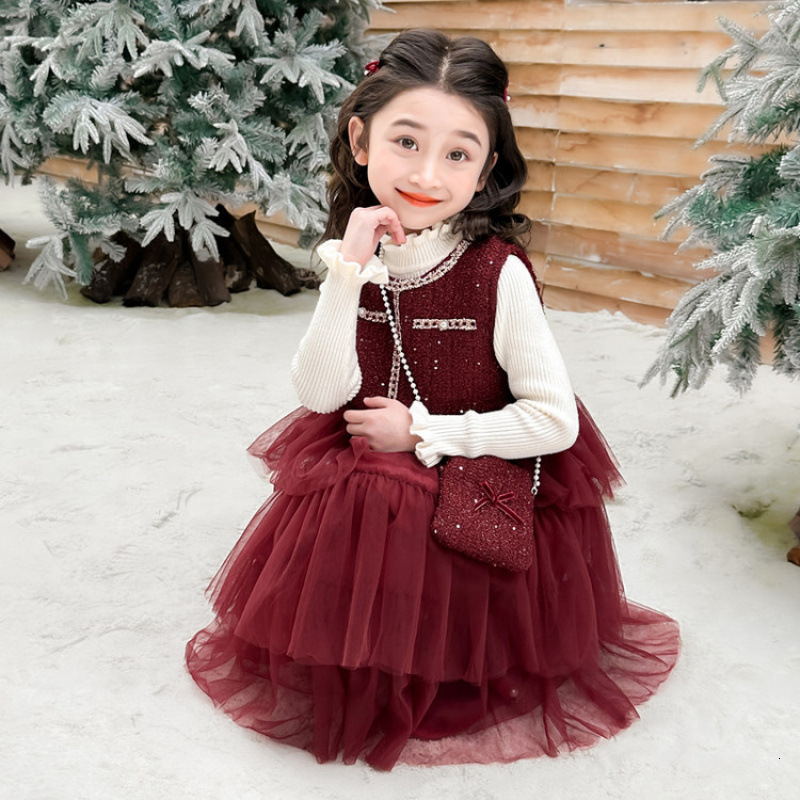 Children's designer autumn and winter fashion new girls' wool lined thick vest dress two-piece set winter set