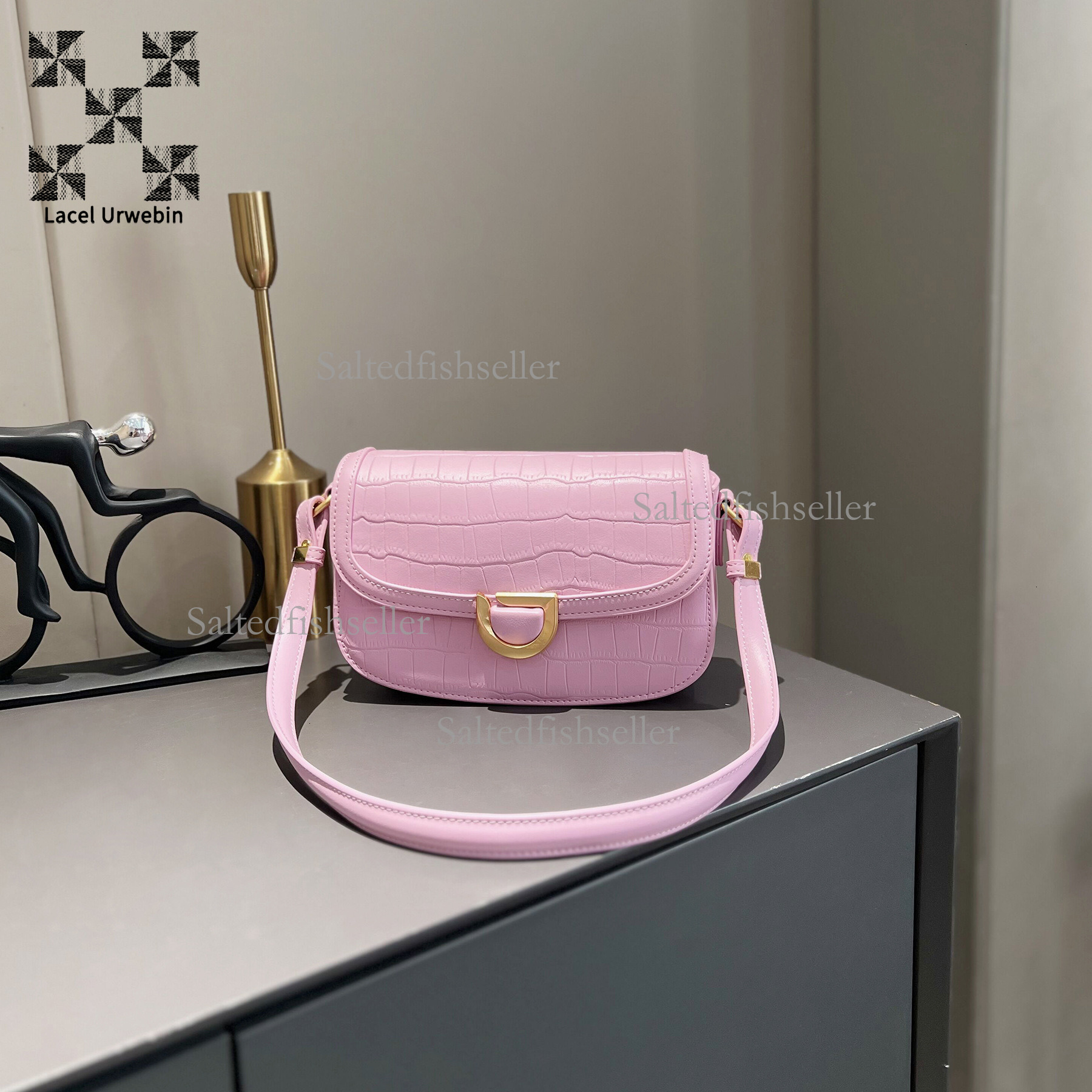 Lacel Urwebin Designer Luxury Women's Handbag Fashion New Stone Pattern Metal Magnetic Buckle Saddle Bag Versatile French Underarm Single Shoulde