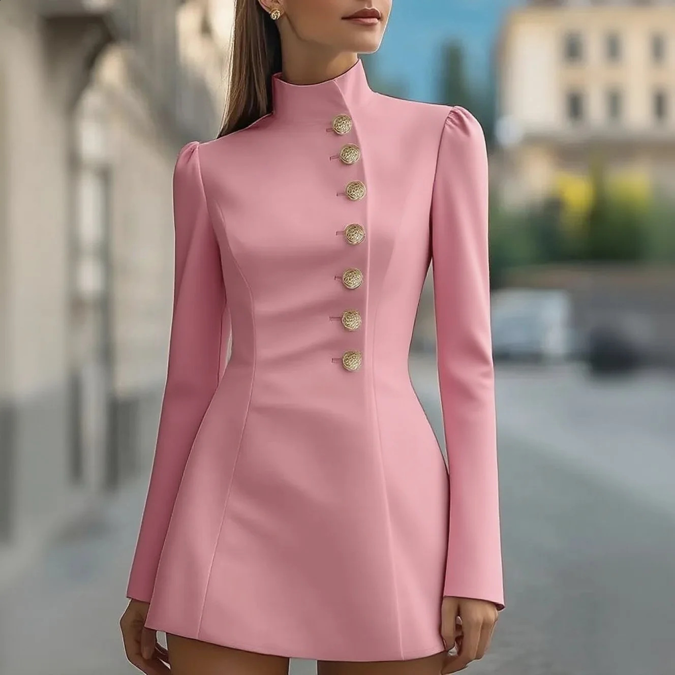 Womens Turtleneck Dress Suit Singlebreasted High Waist Slim Long Sleeve Korean Style Office Pink Mini Skirt 251022