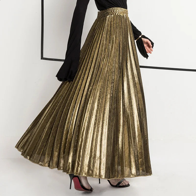 Check Skirt Pleated Maxi High Waist Harajuku Large Swing Gold Long Skirts For Women XXL Saias 251022