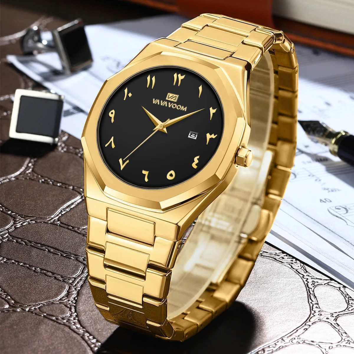 VA VOOM Brand Black Man Watches Fashionable Stainless Steel Strap Arabic Numeral Clock Quartz Movement Sports Watch for MensL251023
