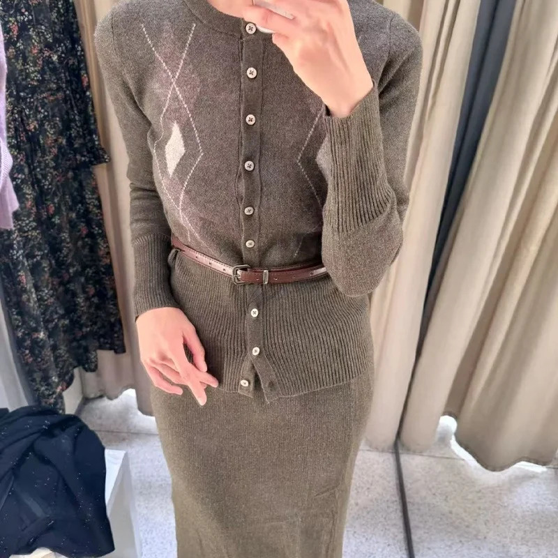 Womens Elegant Olive Green Knit Two Piece Set Argyle Cardigan with Belt Midi Skirt for Chic Autumn Winter Style 251022