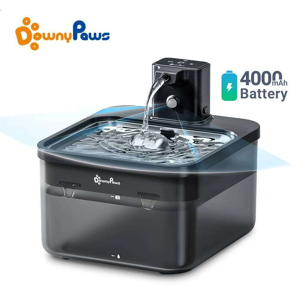 designer brand DownyPaws L Automatic Stainless Steel Cat Water Fountain mAh Wireless Pet Drinker Battery Sensor in Dispenser