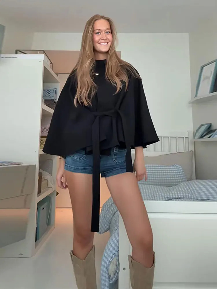 Elegant Womens Cropped Jacket Cape Coat Loose Fit Stand Collar Belted Outerwear Vintage High Street Office Casual Daily Outfit 251017