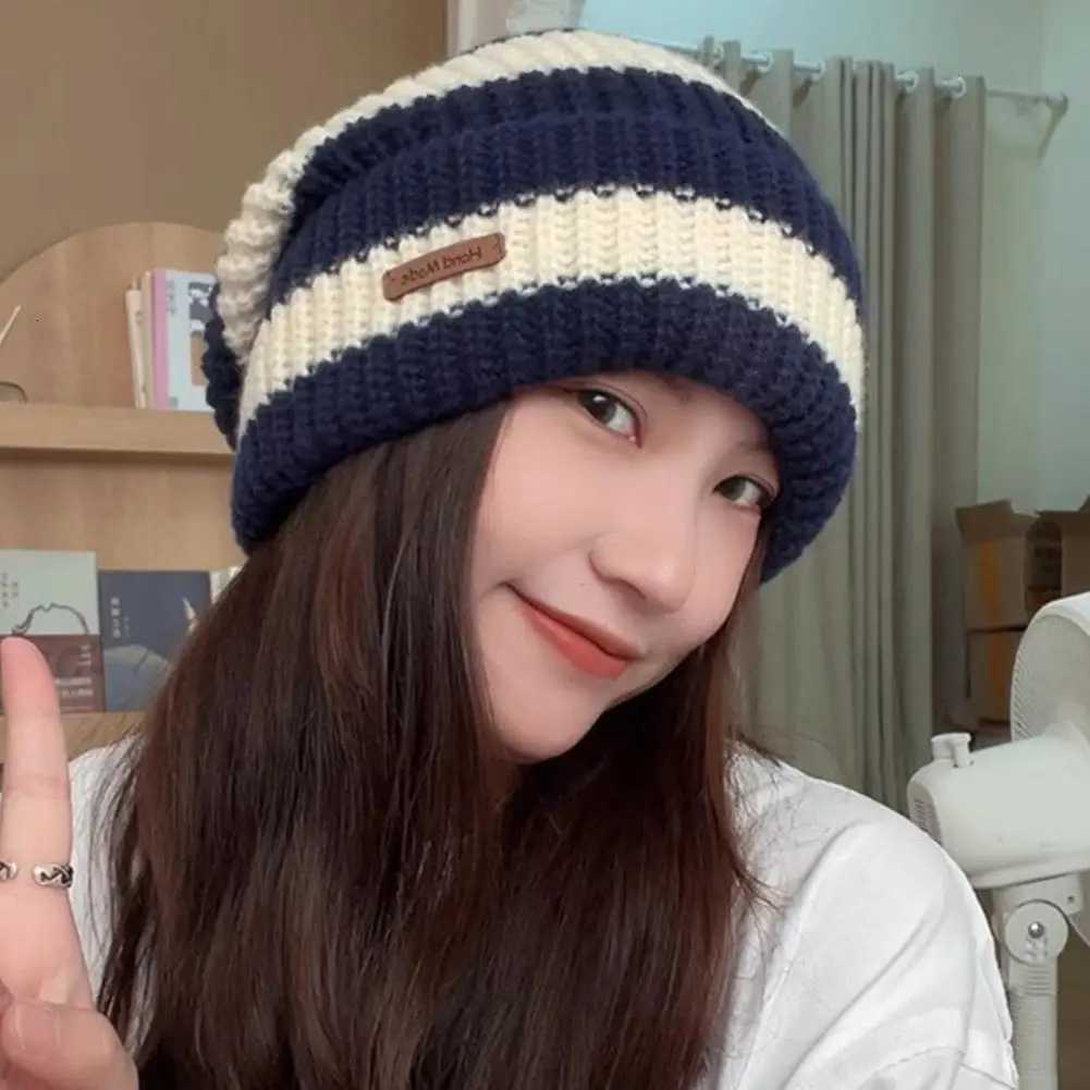 Striped Beanie Winter Hats For Women Knitted Retro Thickened Warm Baggy Cap Trendy Windproof Ear Protect Bonnet Female NewXJ251023