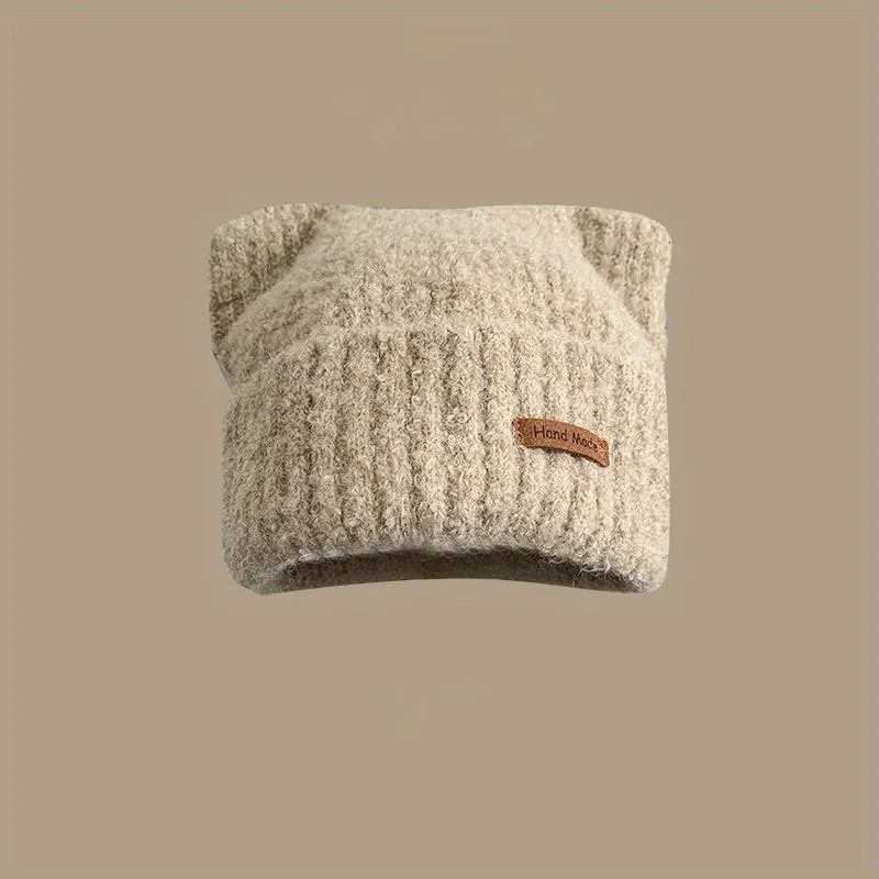 Thicker Ear Protection Soft Street Beanie Hat Wan Bonnet Solid Color Warmth Hat Winter Cute Cat Ear Earflap Knitted HatW251023