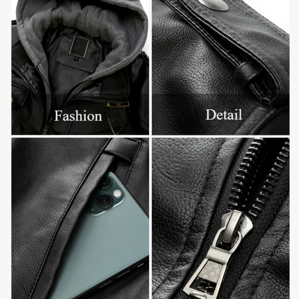Winter Leather Jacket Mens Hooded Multipocket Large Size PU Coat Casual Clothing 251023