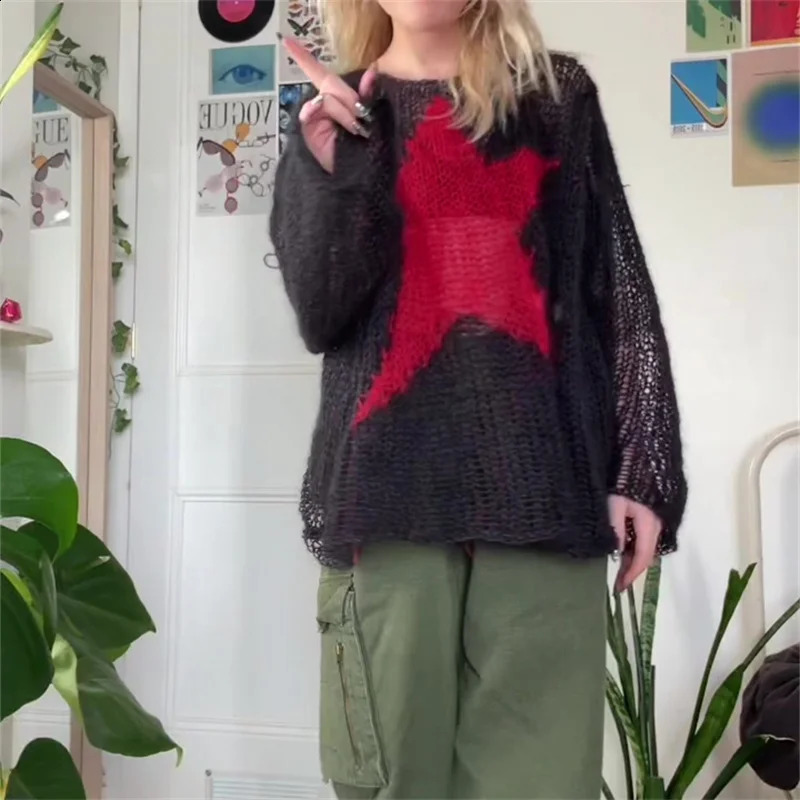 Oversized Hollow Out Knit Sweaters Women Grunge Harajuku Streetwear Loose Long Sleeve Round Neck Pullover Tops Casual Jumpers 251023