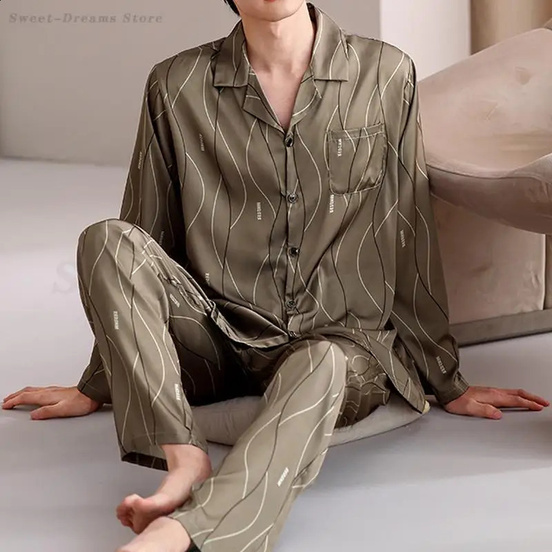 Mens Plus Size Pajamas Set Loungewear Spring Autumn Ice Silk Long Sleeved Trouser Pijama Mujer Male Casual Sleepwear Home Wear 251021