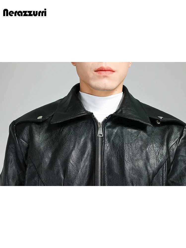 Nerazzurri Spring Autumn Cool Handsome Short Thickened Warm Soft Black Pu Leather Bomber Jacket Men Zipper Long Sleeve 2023 W251023